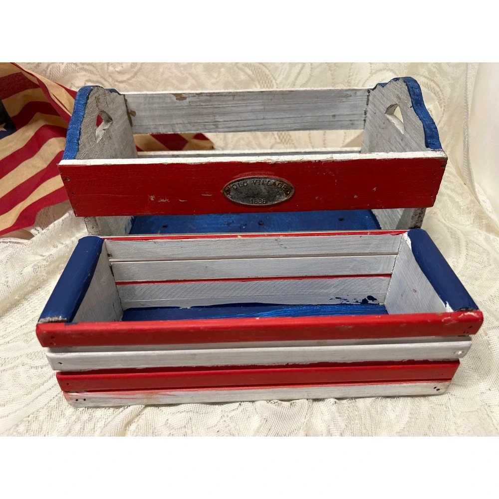 Patriotic Folk Art Hand Painted Small Wooden Crates July 4th‎ Americana Decor